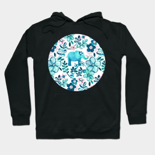Dusty Pink, White and Teal Elephant and Floral Watercolor Pattern Hoodie